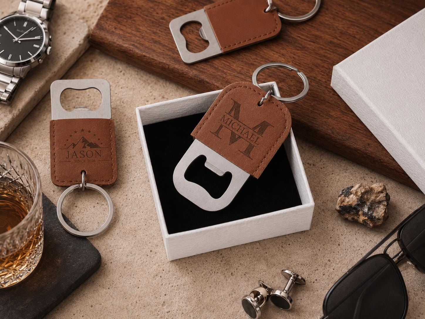 Personalized Leather Keychain Bottle Opener, Custom Groomsmen Gift, Engraved Bottle Opener Keychain, Best Man Gift, Wedding Party Favor