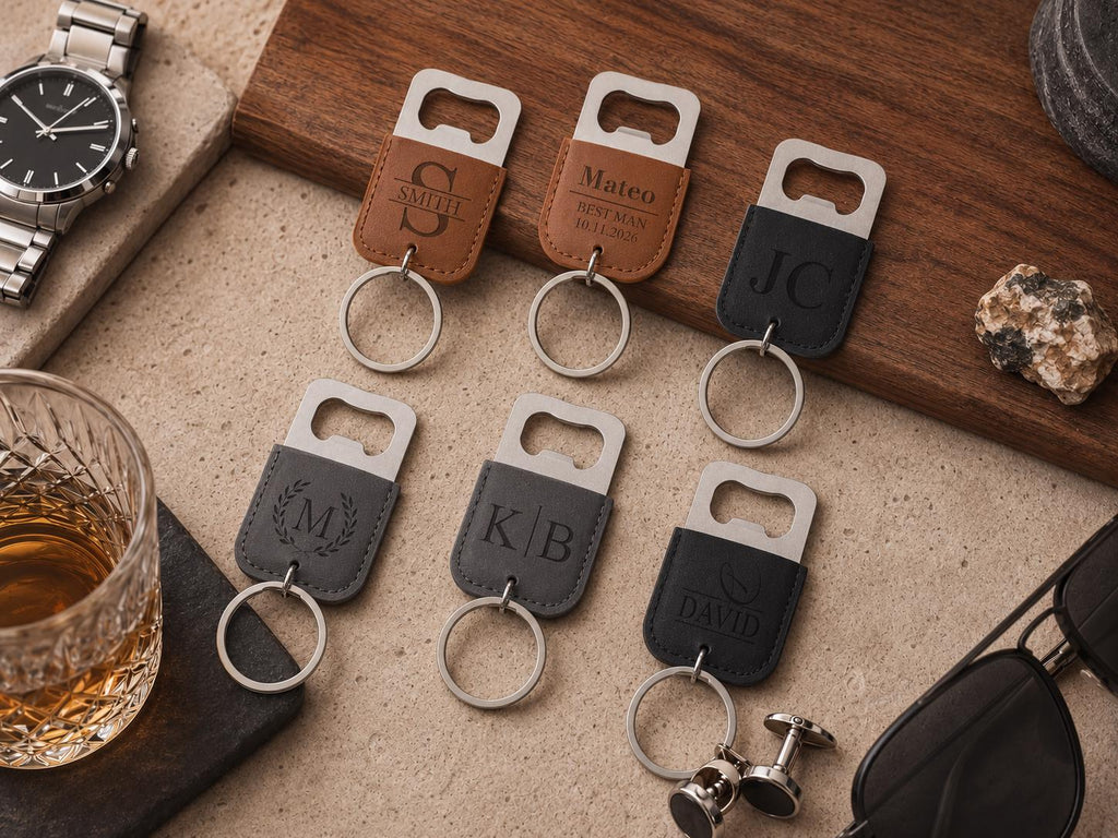 Personalized Leather Keychain Bottle Opener, Custom Groomsmen Gift, Engraved Bottle Opener Keychain, Best Man Gift, Wedding Party Favor